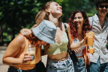 Group of friends having fun and enjoying a sunny day outdoors in the park while holding refreshing drinks.