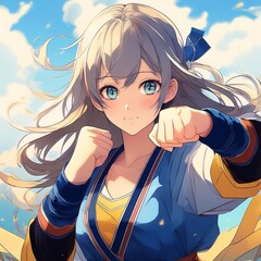 Female martial arts fighter in battle ready anime pose.