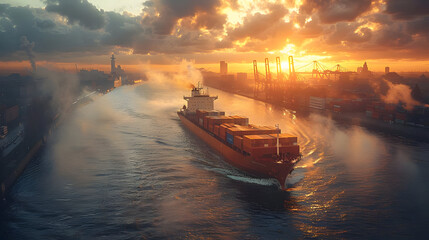Fototapeta premium Cargo Ship Sailing Through City Harbor at Sunset - Photo