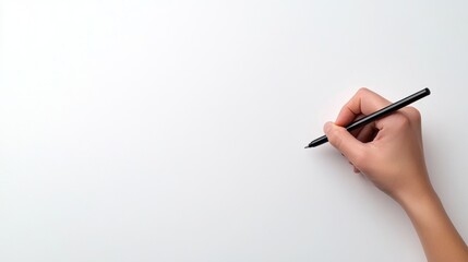 A hand holding a pen above a blank sheet of paper, ready for writing or drawing.