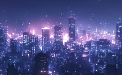 Fototapeta premium Glimmering Urban Enchantment: anime-style Illustration of a Cityscape Aglow with the Magic of Metropolis Nights, Ideal for Skyline Postcards,Anime-Style,illustration,Picture BooksFor Poster,Novel,UI,W