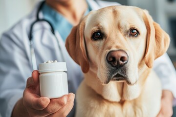 Veterinarian showcasing pet health products with labrador dog next to white supplement container