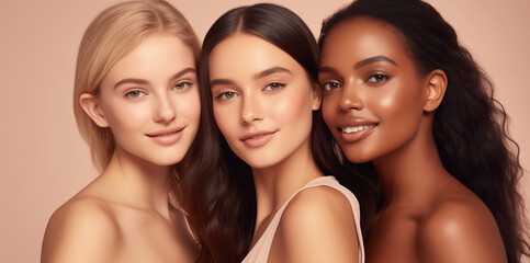 Obraz premium Beauty portrait three multiethnic diverse young women, clean skin, beautiful female models together