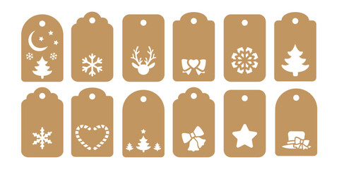 Set of 12 Christmas gift tags shapes cut files. Vector templates for cutting. New Year and winter holiday tag stencils