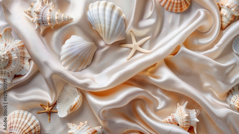 Wall mural Silken background adorned with seashells