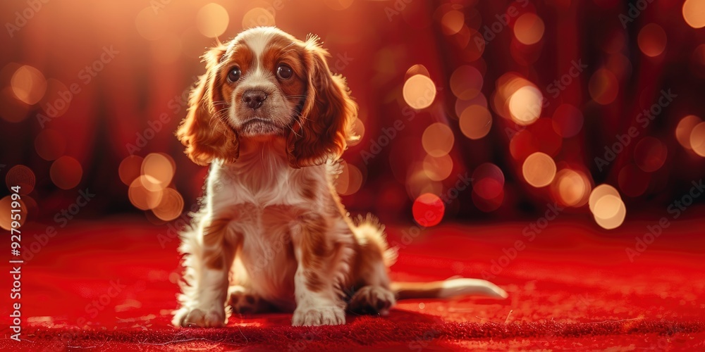 Wall mural Cute Cavalier King Charles Spaniel Puppy Sitting on Red Carpet