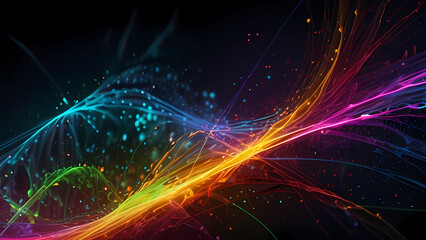 Fototapeta premium abstract background depicting the energy of chemical reactions, with neon-colored particles colliding and creating waves of energy across a dark, fluid backdrop