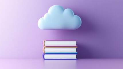 Minimalist concept with a cloud hovering above a stack of colorful books against a pastel purple background, symbolizing cloud storage and digital learning.