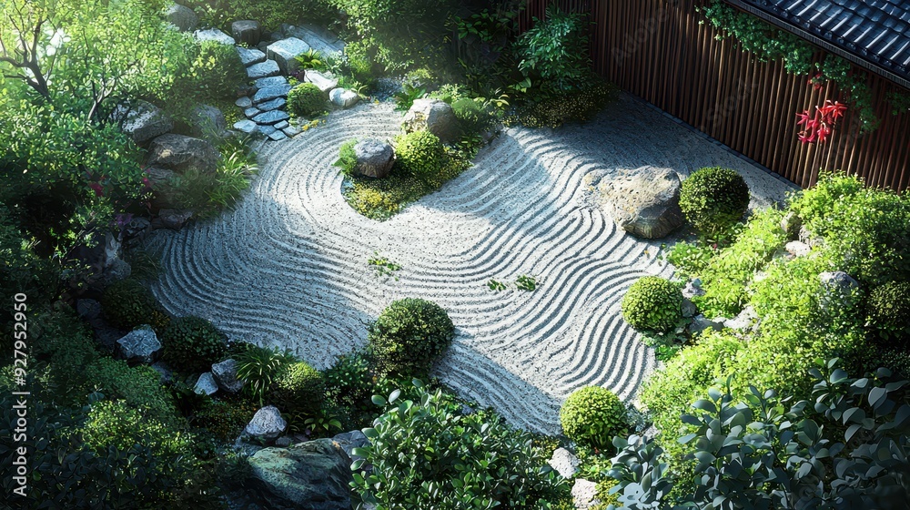 Poster Zen Garden with Stone Path and Raked Sand.