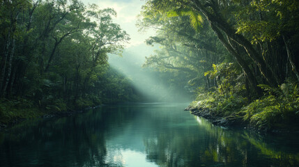 River winding through the tropical forest, creating an atmosphere of adventure and nature's mysteries.