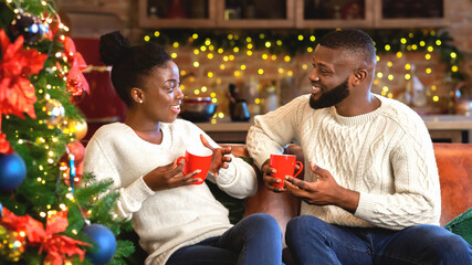 Romantic african american couple celebrating Christmas eve together at home, drinking hot chocolate and chatting