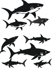set of sharks in different poses silhouette, vector 