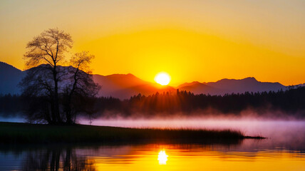 Golden Sunset Over a Tranquil Lake with Trees in Silhouette