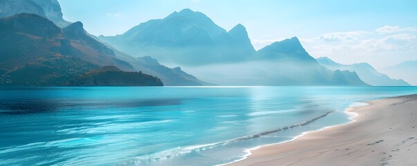 Misty Mountain Range Overlooking a Calm Blue Sea and Sandy Beach