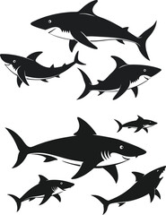 set of sharks in different poses silhouette, vector 