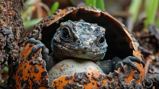 A young lizard hatching from its egg in a natural setting