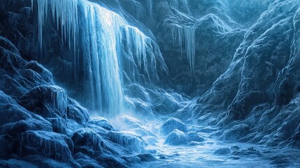 Frozen Waterfall in a Glacial Canyon.