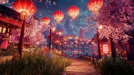 Festive Chinese New Year Lanterns in a Mystical Village.
