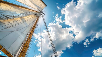 Fototapeta premium A low angle view of a sailboat's mast and sails against a bright blue sky with fluffy white clouds.