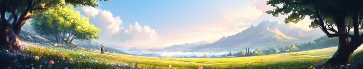 Obraz premium Springtime Whimsy: anime-style Morning on a Blooming Field, Enchanted with the Fragrance of Floral Seasonal Delights, Perfect for Easter Greetings,Anime-Style,illustration,Picture BooksFor Poster,Nove