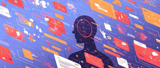 A digital artwork depicting a human silhouette surrounded by vibrant data and communication elements, symbolizing technology and thought.