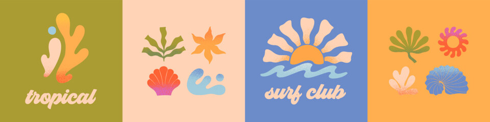 Vector abstract summer beach,surf club emblems.Hand drawn coral,palm,ocean waves with sun.Modern graphic in simple style for banners,smm,branding,covers,prints.Retro summer vacation aesthetic