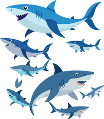 set of sharks in different poses silhouette, vector 