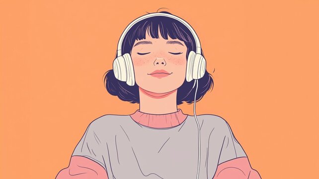 A stylish illustration of a girl with short hair, eyes closed, peacefully enjoying music through headphones. Ideal for relaxation, music, and calm themes.
