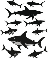 set of sharks in different poses silhouette, vector 