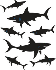 set of sharks in different poses silhouette, vector 