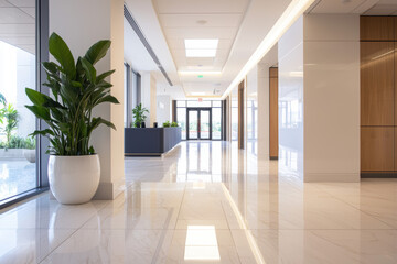 Fototapeta premium Office building lobby with employees arriving, Monday morning, start of the business day