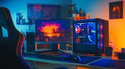 Obraz premium Water-Cooled Gaming PC with RGB Rainbow LED Lighting