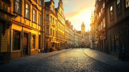 Fototapeta premium Cobblestone Street in Prague at Sunset.