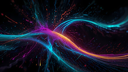 abstract background depicting the energy of chemical reactions, with neon-colored particles colliding and creating waves of energy across a dark, fluid backdrop