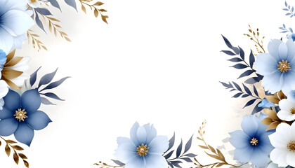 Wedding flyer invitation floral background blue and white flowers gold background 2