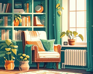 Cozy reading nook with a vintage armchair, vibrant plants, and a bright window. Perfect for relaxation and home decor inspiration.