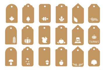 Set of gift tags shapes with fall design. Vector templates for cutting with autumn elements. Craft paper or cardboard discount labels cut files