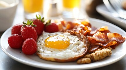 Fried eggs with vegetables on a plate. A bright healthy breakfast