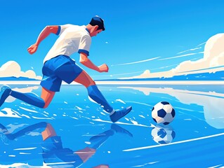 Dynamic soccer player running on a vibrant field, chasing a ball under a sunny sky, embodying energy and passion for the sport.