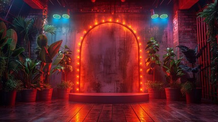 Podium for awards or product display illustration. Abstract empty 3d stage with neon glowing round frame on dark background. Luxury beauty industry design.