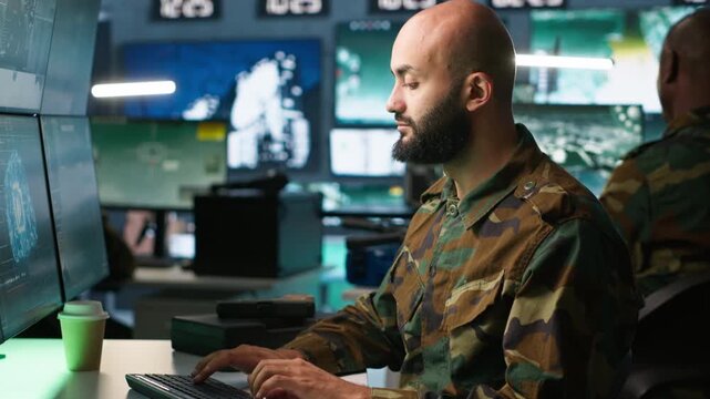 Army specialist employing AI tech to improve military warfare systems and threat monitoring. IT admin uses neural networks to enhance combat operational capabilities, camera A