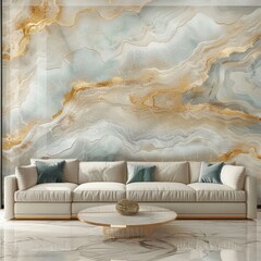 Luxurious living room featuring a marble wall design with gold and beige accents, a large cream-colored sofa, and a round coffee table. Background stone wall pattern marble floor design 