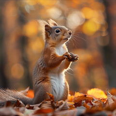 Obraz premium Squirrel in Autumn Leaves. Cute squirrel standing among autumn leaves in a forest, perfect for nature and wildlife photography.