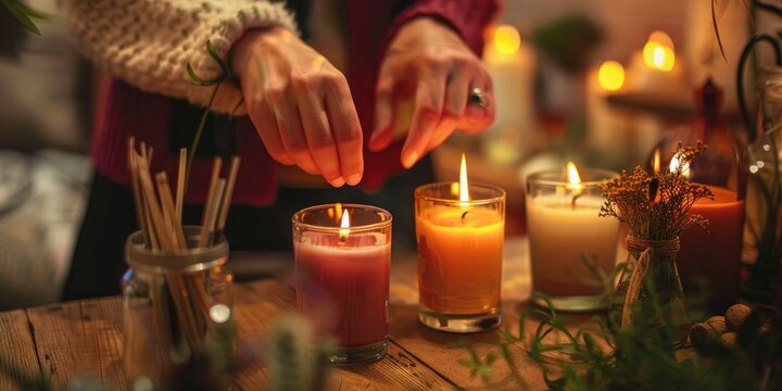 Aromatic candle making workshop Women s hands selecting the scent for their candle