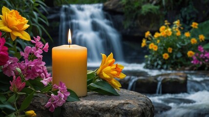 decoration with yellow candle in the waterfall for the orixá Oxum: