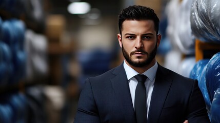 Fototapeta premium A man in a suit stands in a warehouse looking intently at the camera.