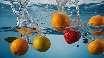 Dynamic Fruit Splash – Fresh Orange, Strawberry, and Kiwi in Water