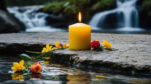decoration with yellow candle in the waterfall for the orix&aacute; Oxum