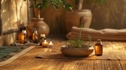 A calming Thai massage room with a bamboo mat, essential oils, and a bowl of aromatic herbs.