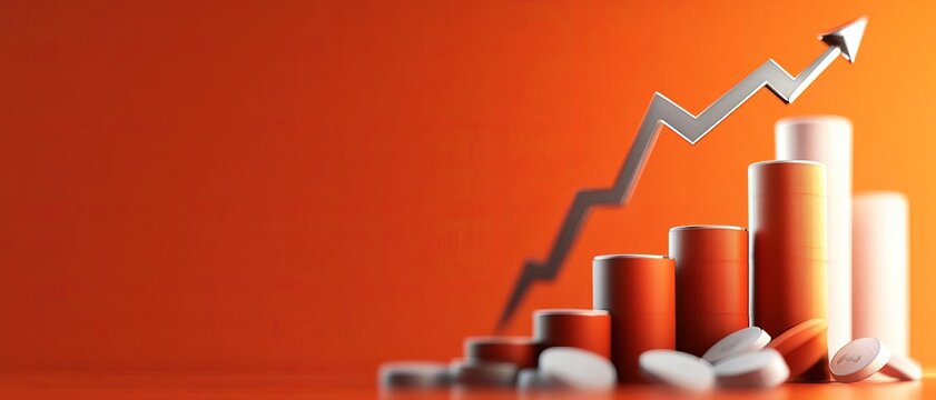 A close-up of an upward trend graph with colorful bars against an orange background, representing business growth and success.